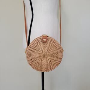 EUC Round Wicker Rattan Crossbody Handbag Leather Strap Tropical Fabric Lined